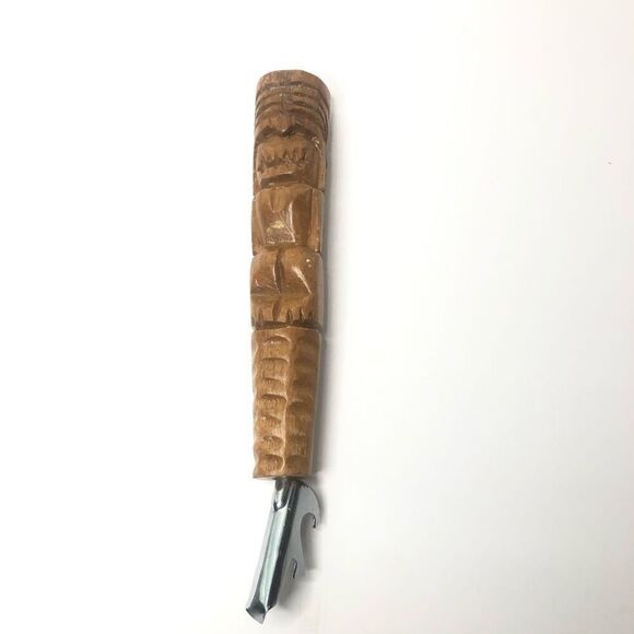 vintage wooden hand carved tiki man hand held bottle opener 9 inches tiki bar - Picture 1 of 7